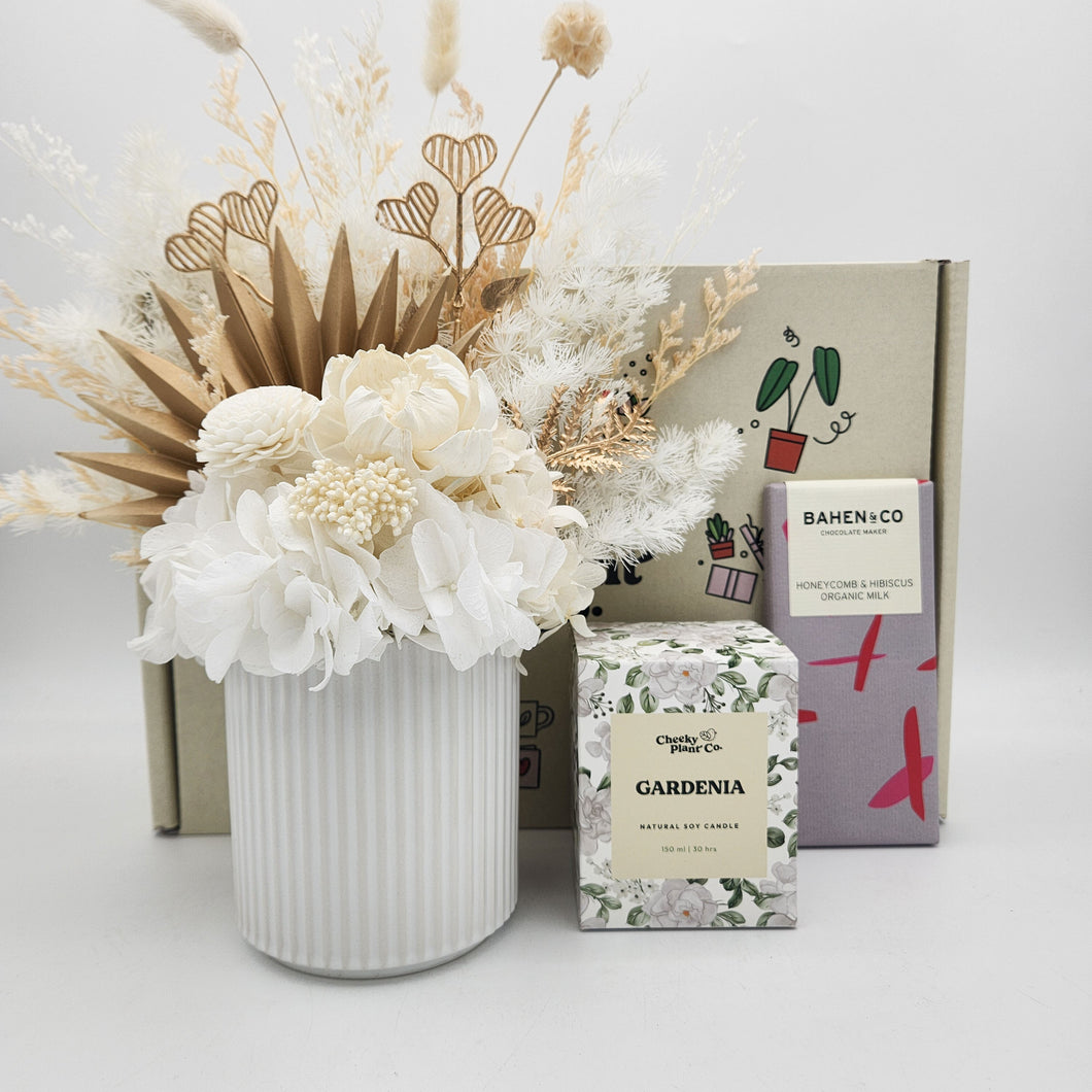 Birthday White Dried Floral Arrangement Gift Box