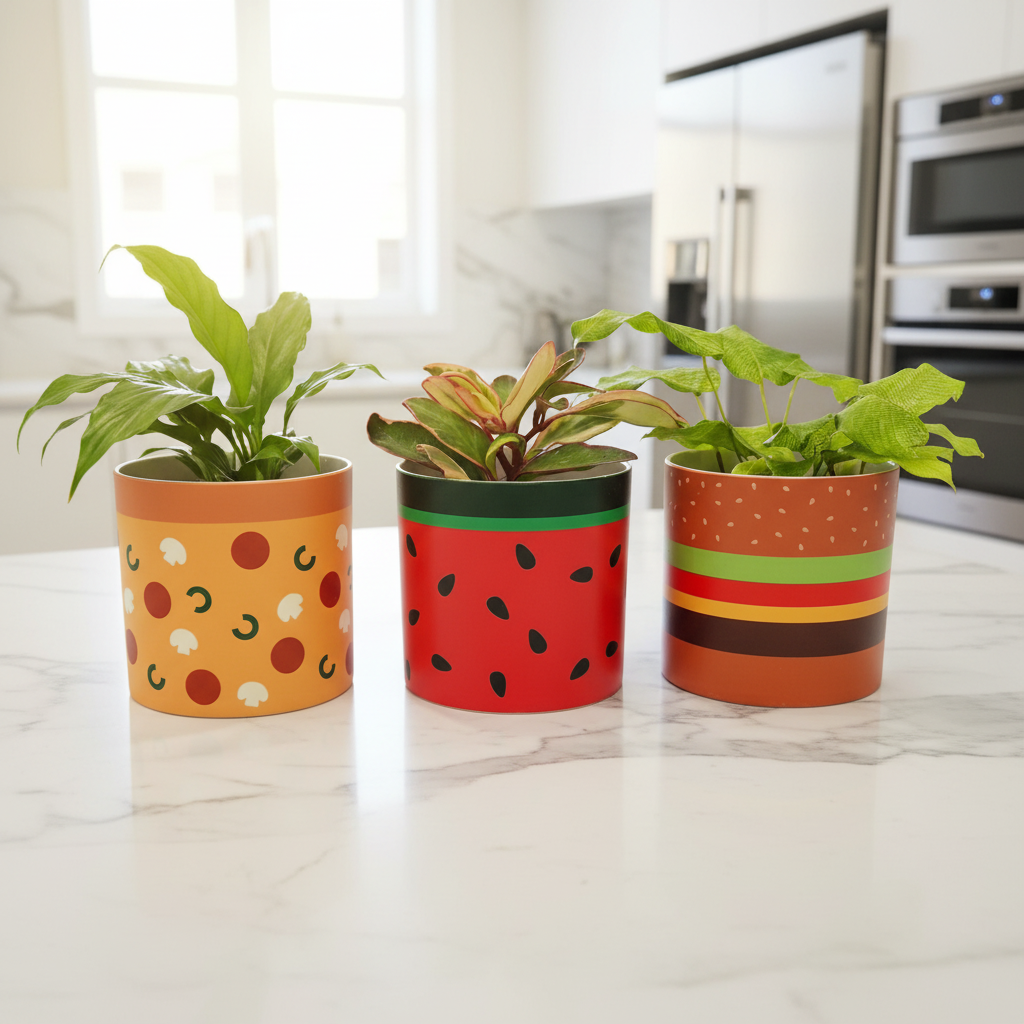 Food-themed plant pots on marble kitchen benchtop - square