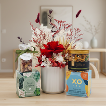 Load image into Gallery viewer, Red floral gift hamper in homely setting
